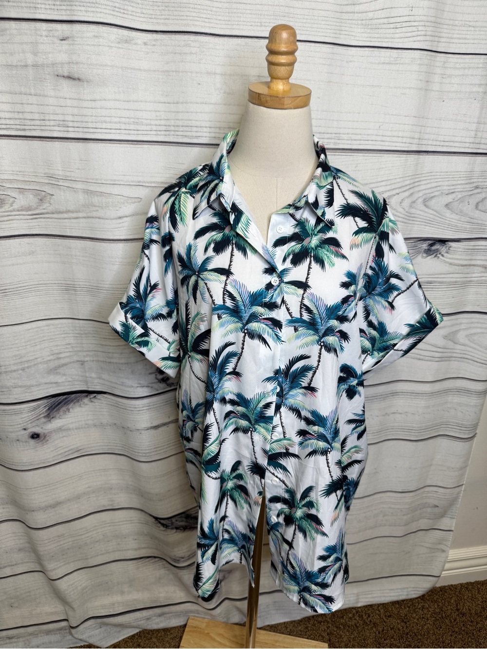 zeagoo White Short Sleeve Button-Down Shirt with Teal Palm Print